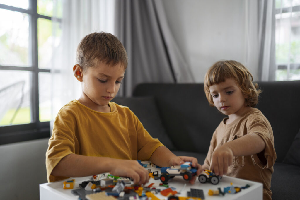 Brothers paying with Lego