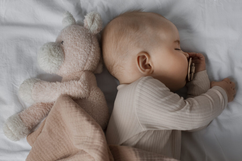 Top view of baby sleeping with a cuddly toy behind them