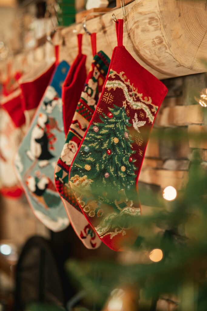 Beautiful Christmas stockings hanging by a fireplace